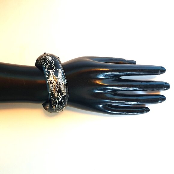 Vintage Japanese Damascene Niello Sterling Silver Pagoda Village Cuff Bangle - Picture 11 of 12